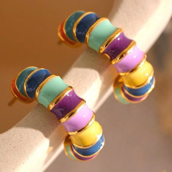 NEW 14K Yellow Gold Multicolor Enameluxe Boho Unique Hoop Luxury Stud Earrings - Picture 1 of 15